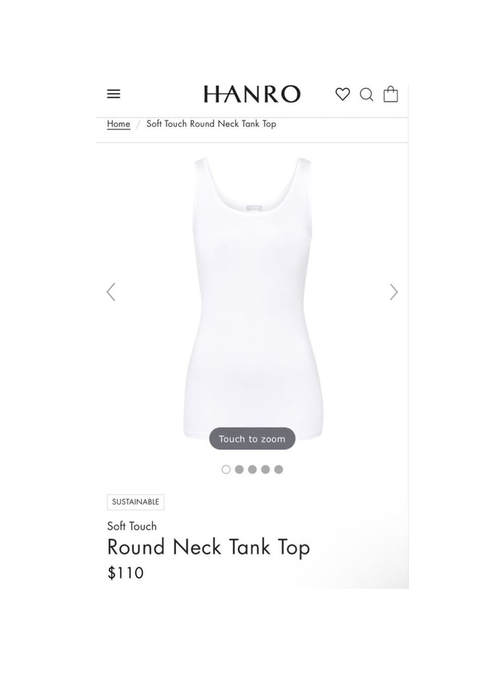 New Women's Hanro Soft Touch White Round Neck Tank Top S